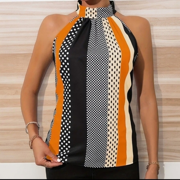 🆕️Polka Dot & Striped Halter Neck Top | Chic Colorblock Spri🤍🧡 Vibes 😍✨ - Picture 4 of 14